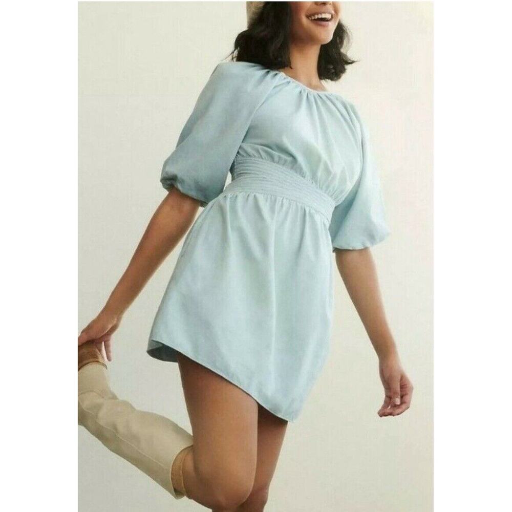 Anthropologie Love‎ the Label Puff-Sleeved Mini Dress Chambray Tie Back SZ S NWT